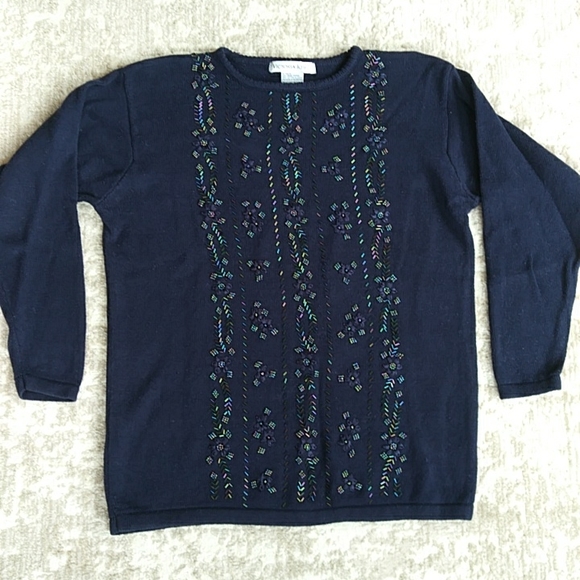 Victoria Jones Beaded Floral Tunic Sweater L Navy Blue - Picture 8 of 16